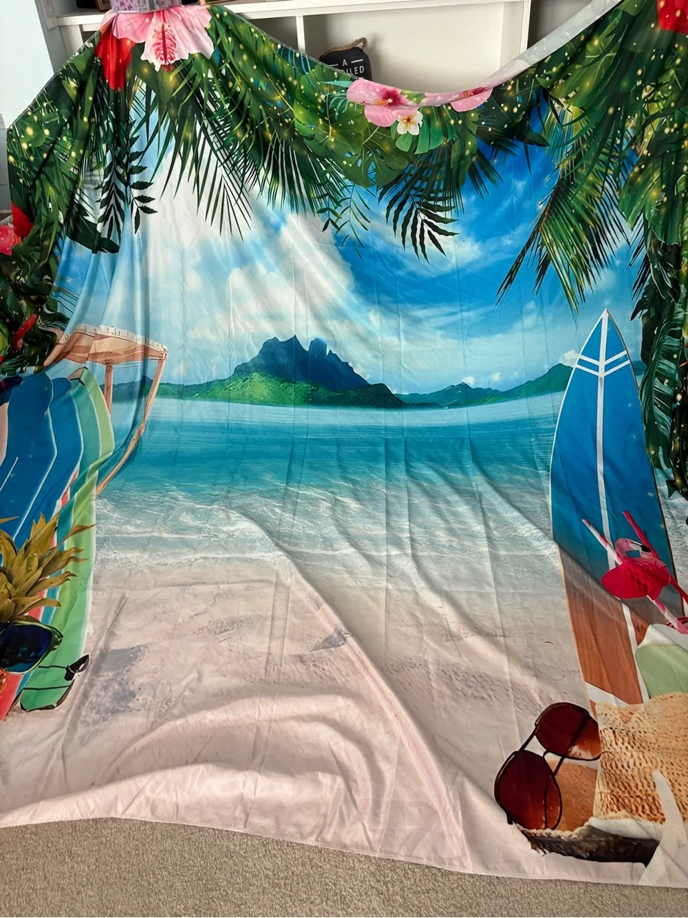 Summer Hawaii Beach Backdrop Tropical Palm Flower Blue Sky Ocean